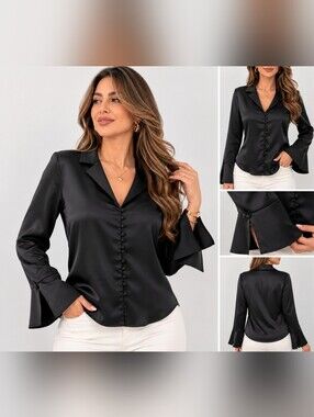 Nwt RIHOAS Black Satin Button-Front Blouse with Flared Cuffs Med
